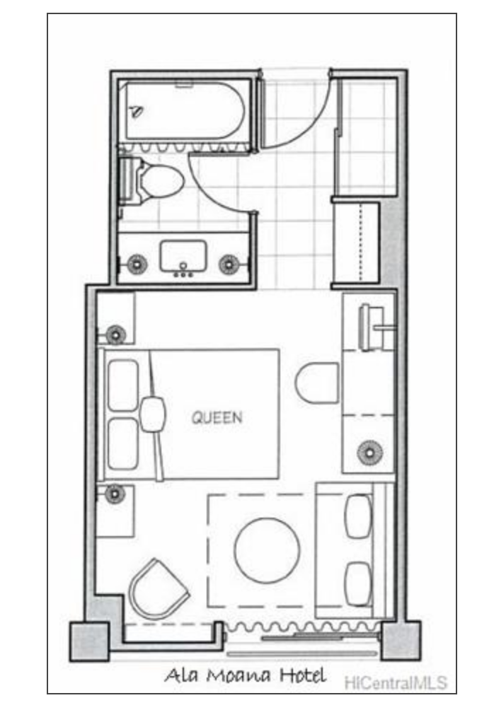 アラモアナホテル クィーンサイズベッドの間取り