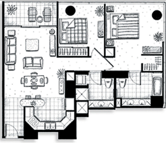 ハワイキタワー２ベッドルーム02ユニット間取り図