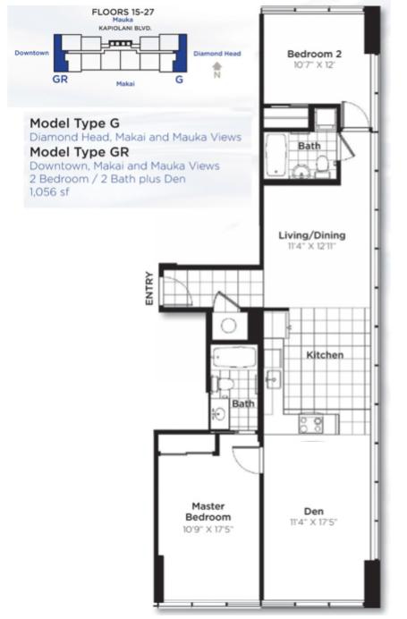 パシフィカホノルル角部屋２ベッドルーム１５〜２７階の間取り図