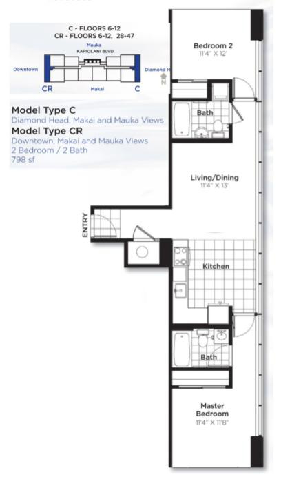 パシフィカホノルルの角部屋２ベッドルーム6~12 28~47階の間取り図